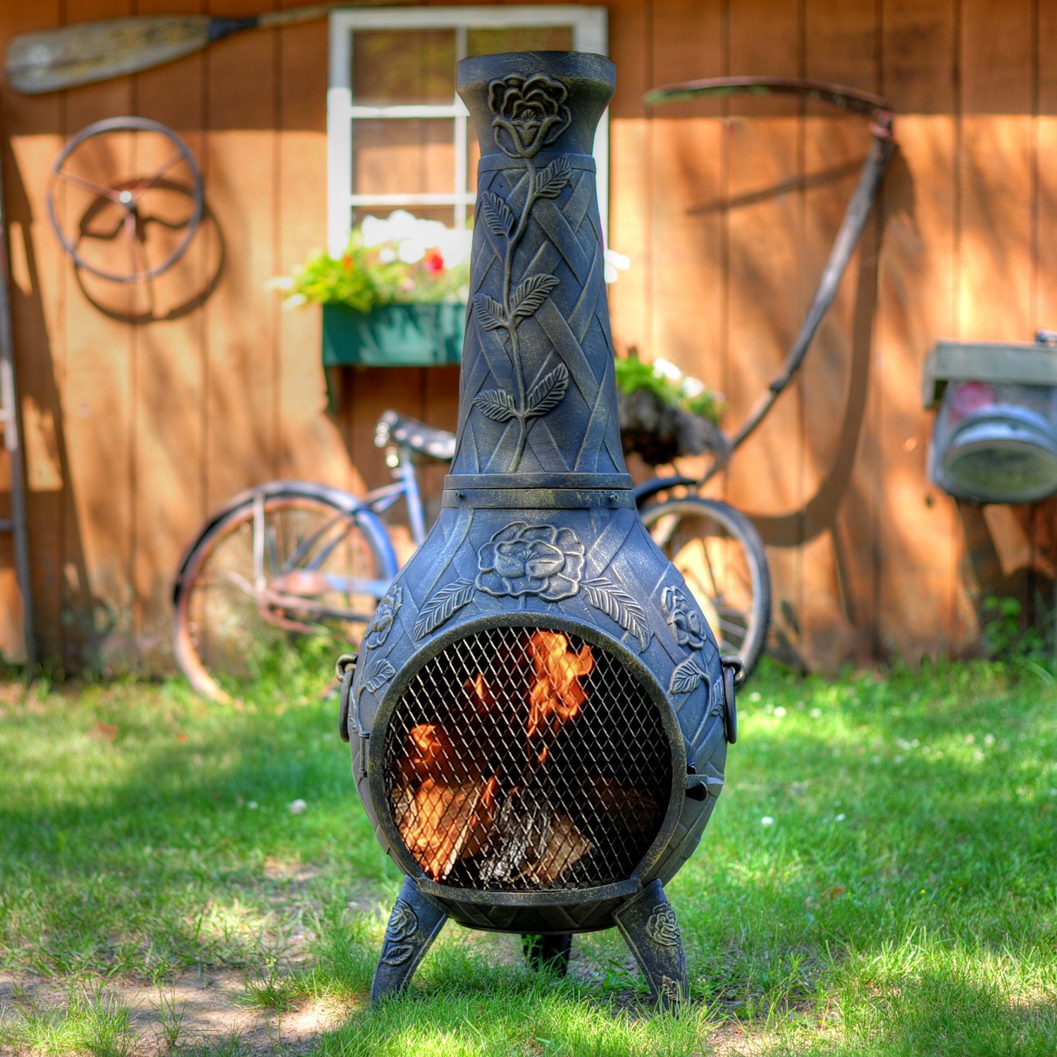 Uniprodo Cast Iron Chiminea Chimney Fire Pit Garden Chiminea Porch Patio Heating 113cm UNI_G_CHIMNEY_03 Height 113cm, Fuels: Wood, Coal, Charcoal