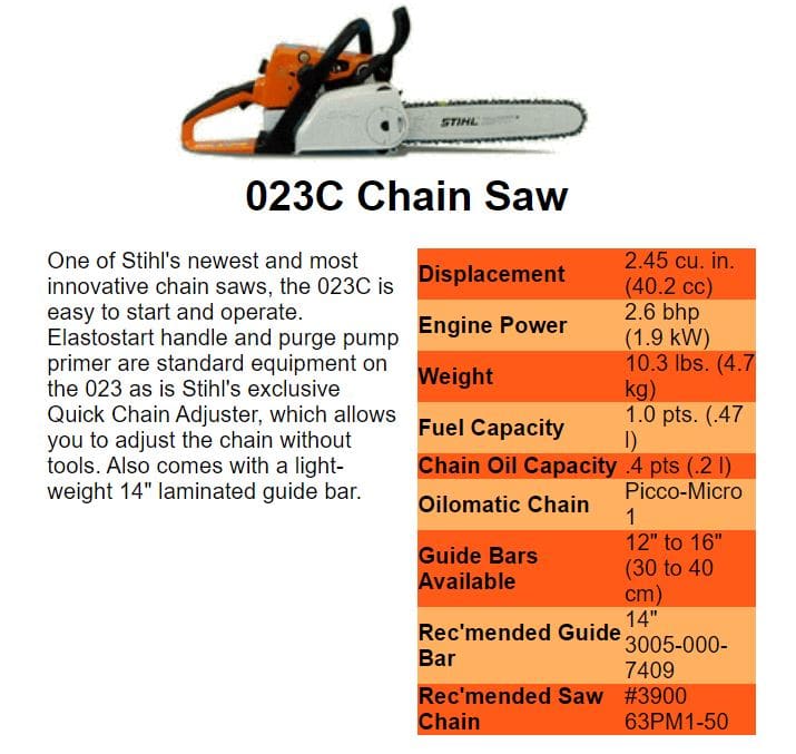 stihl 023 chainsaw specifications