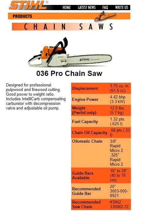stihl 036 specifications