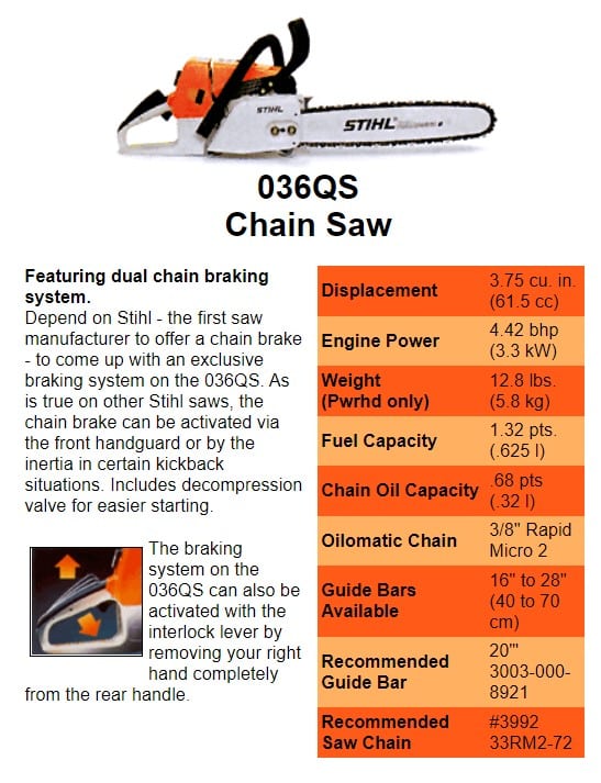 stihl 036 qs specs and features