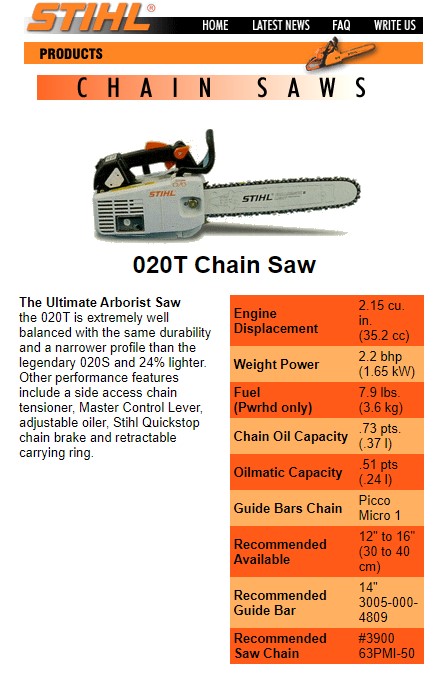 stihl 020t chainsaw specifications