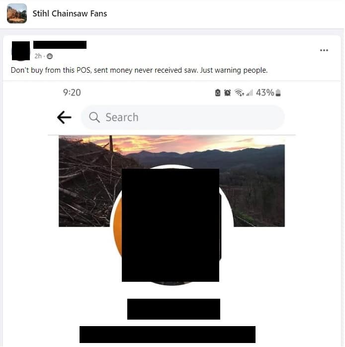 facebook chainsaw scam