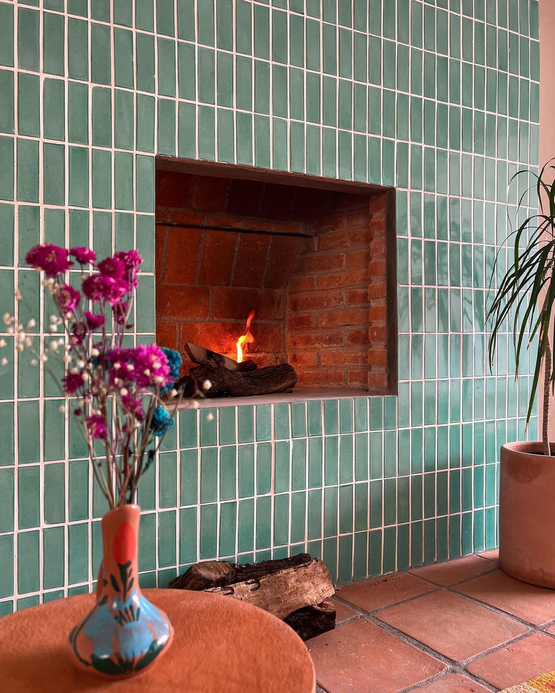 subway tiles for fireplace