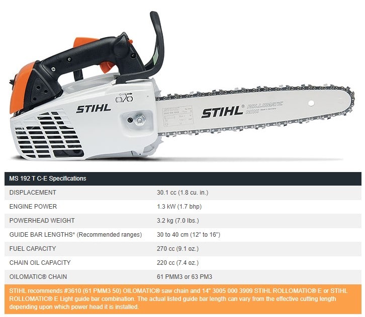 stihl ms 192 T specifications