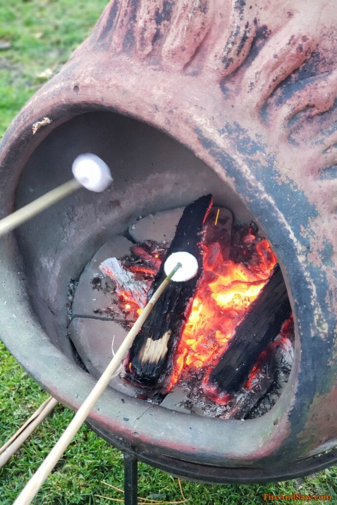 roasting marshmallows in a chiminea