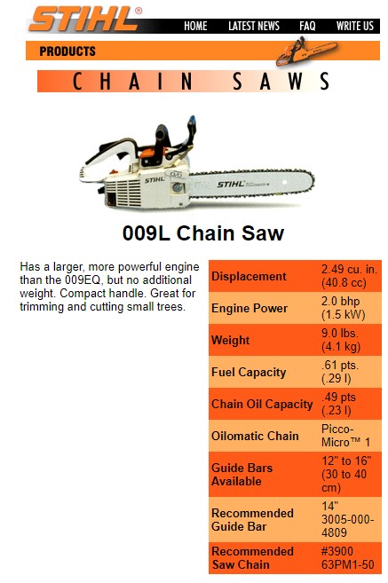 stihl 009L Chain Saw specs